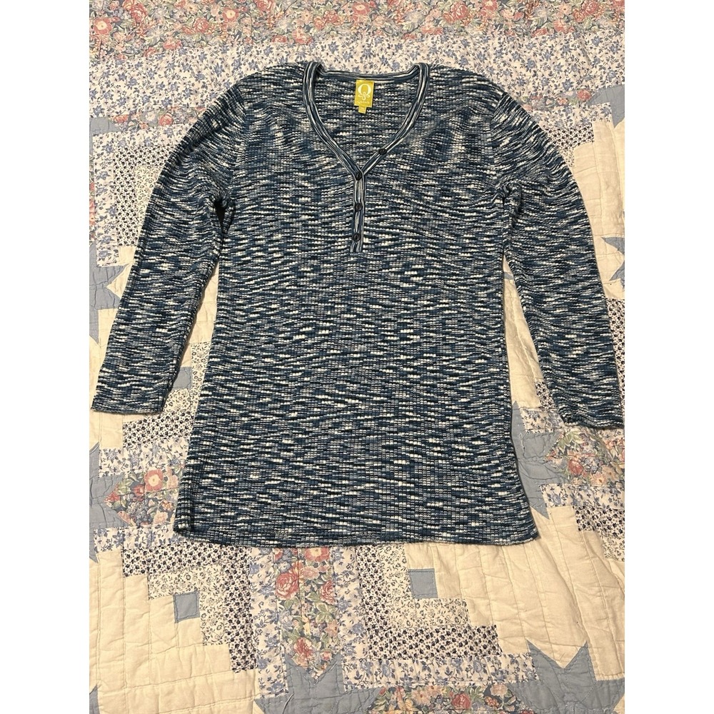 QMack Knit Striped Cardigan Sweater Blue White Button V-Neck XL Long Sleeve